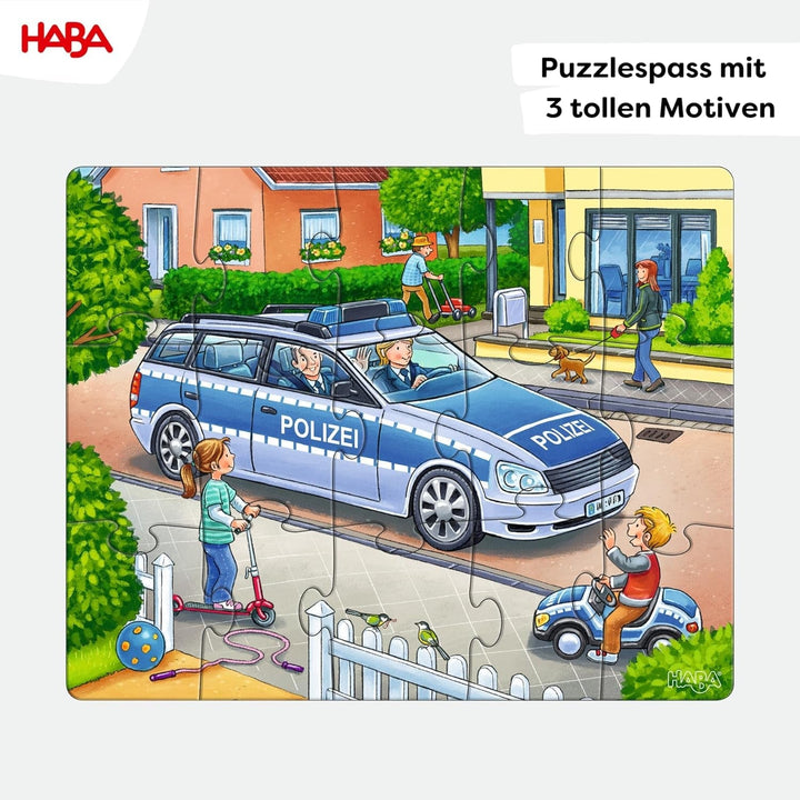 HABA Fire Brigade Puzzle - Set de 3 piese pentru copii cu vârsta de 3 ani și peste, puzzle din carton cu motive de poliție și ambulanță - Promovează abilitățile motorii fine și concentrarea - 1302759001