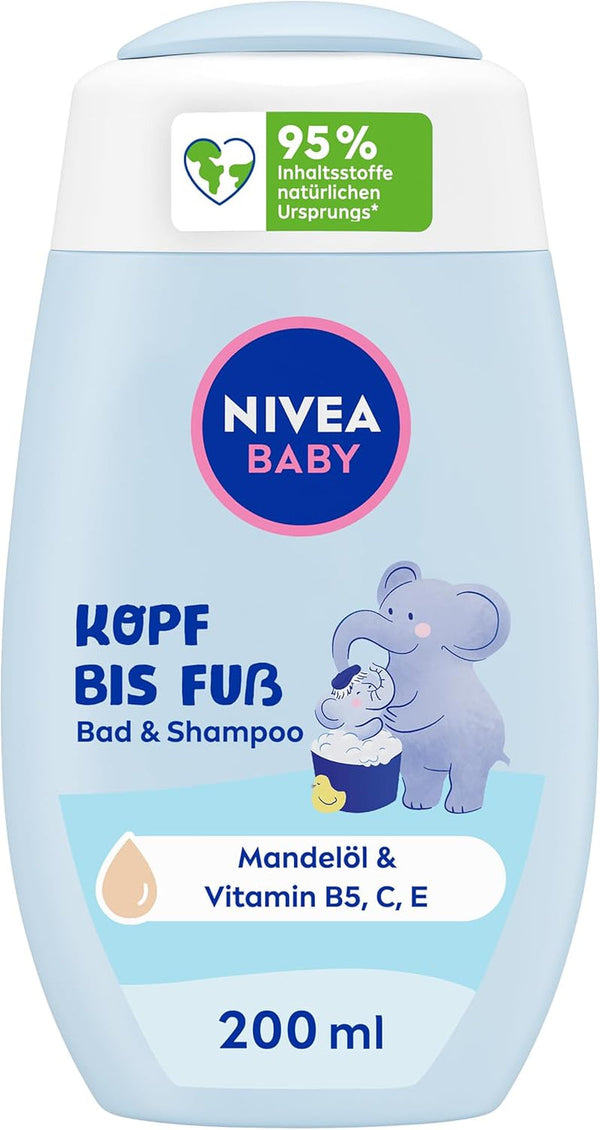 NIVEA BABY head to toe bath & shampoo, șampon blând vegan pentru copii pentru piele și păr cu ulei de migdale, gel de duș relaxant cu formulă hipoalergenică fără parabeni și microplastice (200 ml)