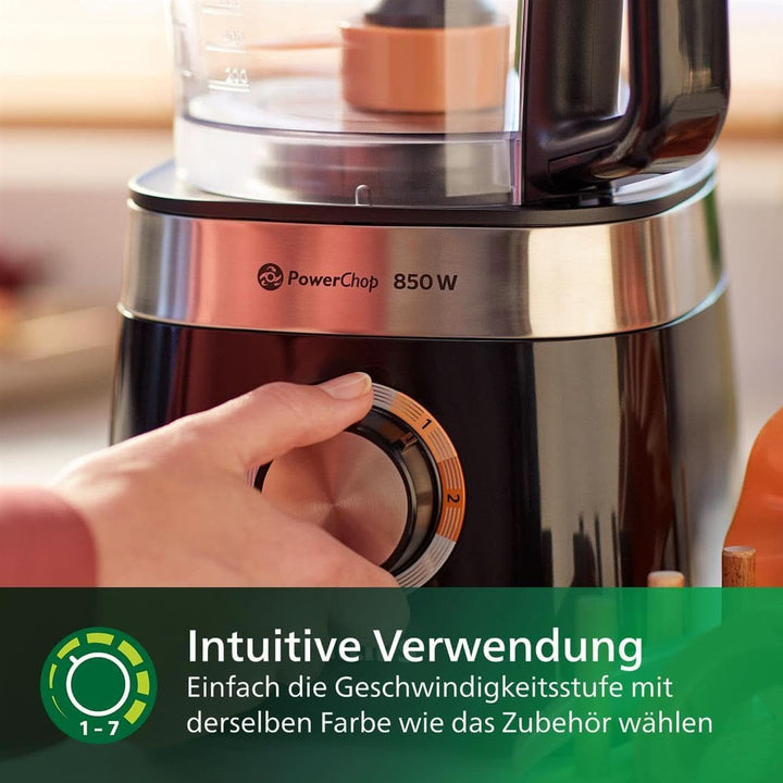 Philips Kompakte Küchenmaschine – 850W, 31 Funktionen, 2.1-Liter-Behälter, Powerchop, Edelstahlklinge (HR7530/10)