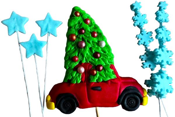 Lot de 6 décorations comestibles en pâte à sucre, Noël, voiture, sapin, étoiles et flocons de neige