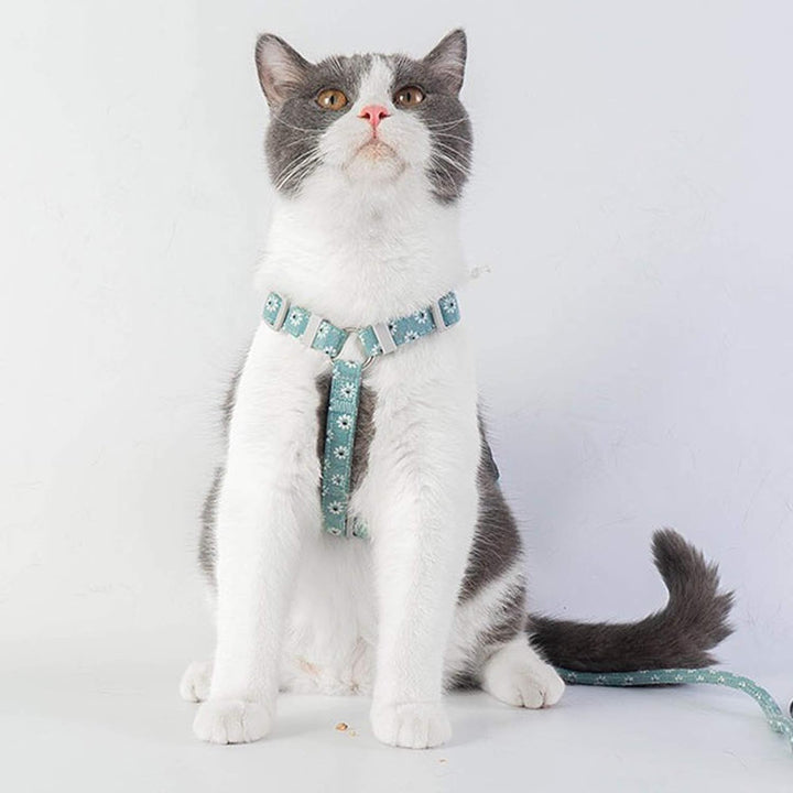 PETTOM Ham pentru pisici cu model floral și lesă Lesă pentru pisici cu ham pentru pisici cu șnur rotund, curea de piept reglabilă anti-evadare, potrivită pentru pisici mici și mijlocii