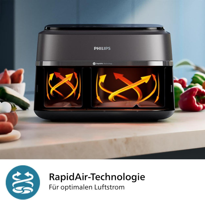 Philips Airfryer Dual Basket 3000 Series, 9L, 2 Körbe, 2 Gerichte Gleichzeitig Fertig, Rapidair plus Heißlufttechnologie, 90% Weniger Fett, Energieeffizient, Homeid Rezepte-App (NA350/00)