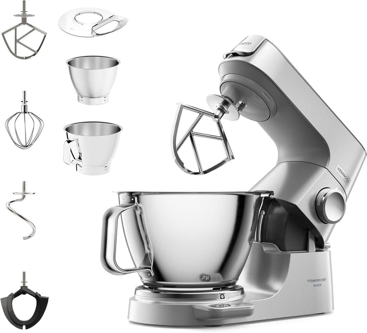 Kenwood Titanium Chef Baker KVC65.001WH, Küchenmaschine Mit Integrierter Waage, 1200 Watt, Inkl. 3-Teiligem Patisserie-Set, Spatel & Spritzschutz, Weiß