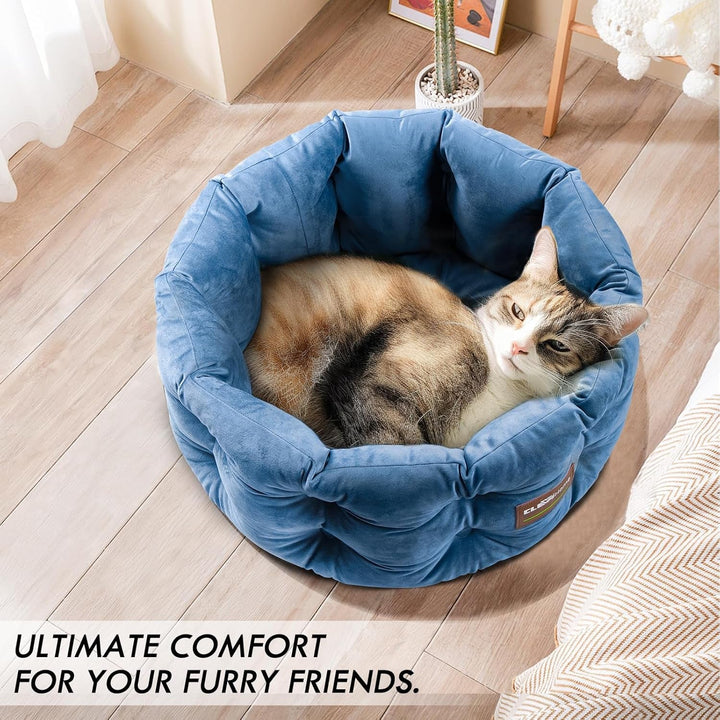 Pat pentru pisici Home Deep Nest, pentru pisici de până la 7 kg, pat rotund de interior cu aspect de catifea, laterale extra înalte, fund antiderapant, lavabil la mașină (albastru oțel)