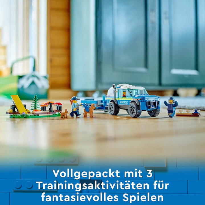 LEGO 60369 City Mobile Police Dog Training, mașină de poliție jucărie cu remorcă, figuri câine și cățel, set de animale pentru copii 5+ ani