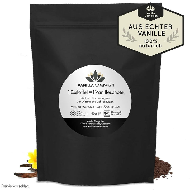 Pulbere de vanilie premium din boabe de vanilie reale, naturală, fără zahăr, fără aditivi, Fairtrade, vegană (40G fără cutie) De la Vanilla Campaign®