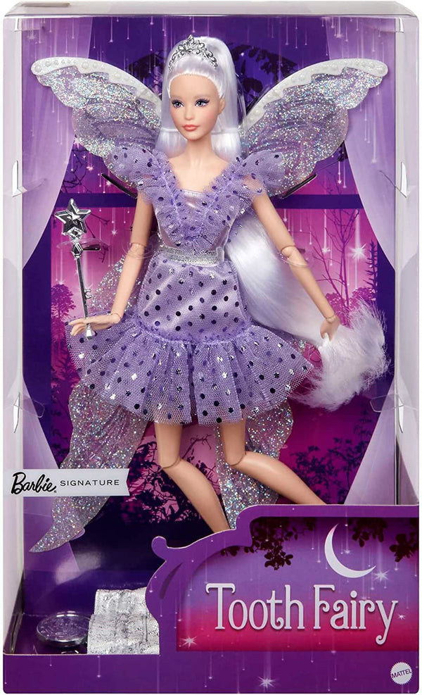 Barbie Signature Tooth Fairy Doll, păpușă de colecție cu aripi de zână, baghetă magică și pungă de monede, cadou pentru copii 6+, JCW43