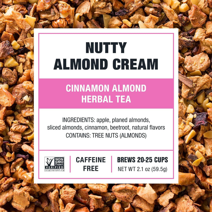 - Nutty Almond Cream | Premium Loose Leaf | Cinnamon Almond Herbal Tea Blend | Non-Caffeinated | Make Hot or Iced & Brews up to 25 Cups | 2.1 Ounce Resealable Pouch Tea USA Naty Shop