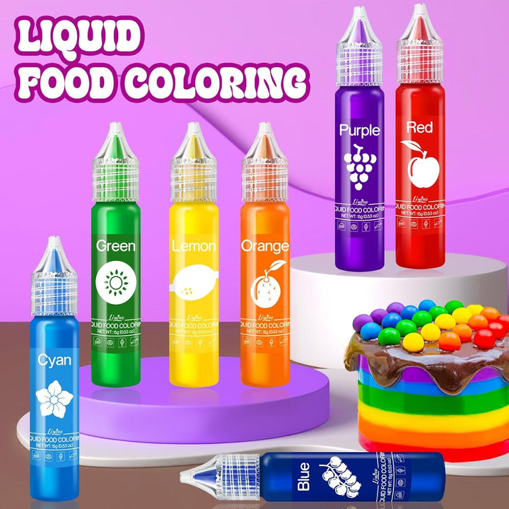 Lebensmittelfarbe - Regenbogen Farben Flüssige Lebensmittel Farben Für Kuchen, Backen, Kekse, Macaron - Zuckerfrei Konzentrierte Farbe Food Coloring Für Tortendeko, Getränken, Osterei, Slime - Je 15G