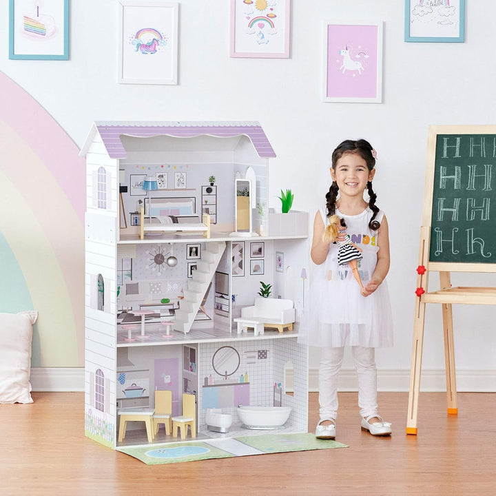 Teamson Kids Olivias Little World Giant Doll House cu 16 accesorii pentru păpuși, casă de păpuși din lemn cu mobilier, cu 3 etaje, casă de păpuși pentru copii pentru păpuși de 12 inci/30 cm, vârsta 3 ani+