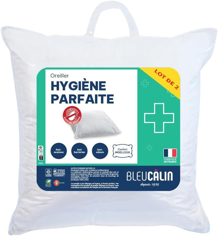 Bleu Câlin Set de 2 perne dreptunghiulare anti-acarieni, anti-bacterii, confort pufos, T 60X60 Cm, 100% bumbac, sortiment igienă perfectă