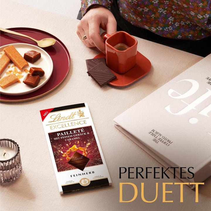 Lindt EXCELLENCE Pailleté Gebäckstückchen & Caramel - Feinherbe Schokolade | 100G Tafel | Mit Knusprigen Gebäckstückchen Und Cramel | Intensiver Kakao-Geschmack | Dunkle Schokolade