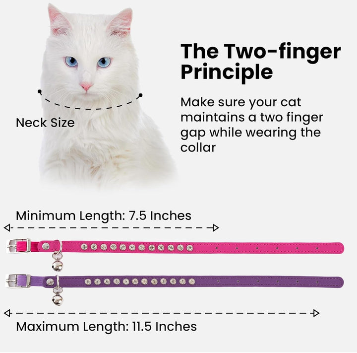 Zgardă pentru pisici Petinstinct, cu 2 piese, în formă de diamant, cu închidere elastică de siguranță și clopoțel, zgardă din piele PU pentru pisici, accesorii pentru pisici, dimensiune reglabilă de la 19 la 29 cm, violet și fuchsia