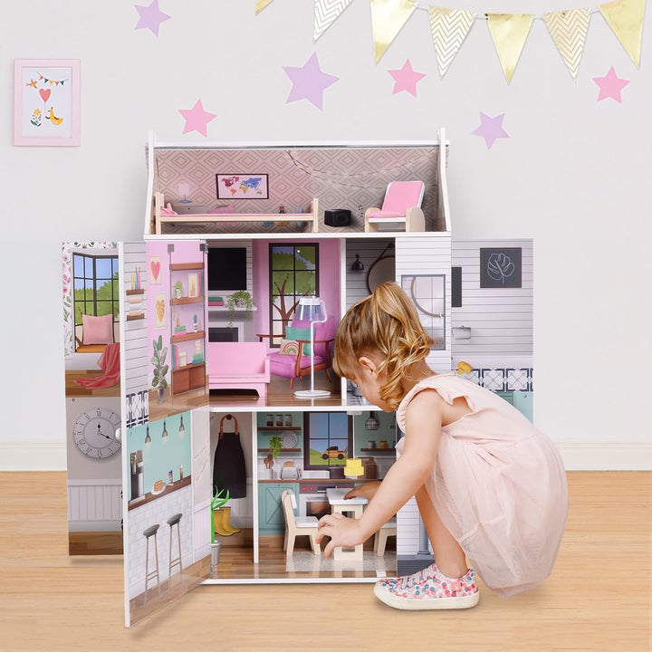 Olivia'S Little World Dreamland Farmhouse Kids Interactive Wooden Dollhouse 3 etaje cu 13 accesorii de mobilier pentru păpuși alb TD-13632A