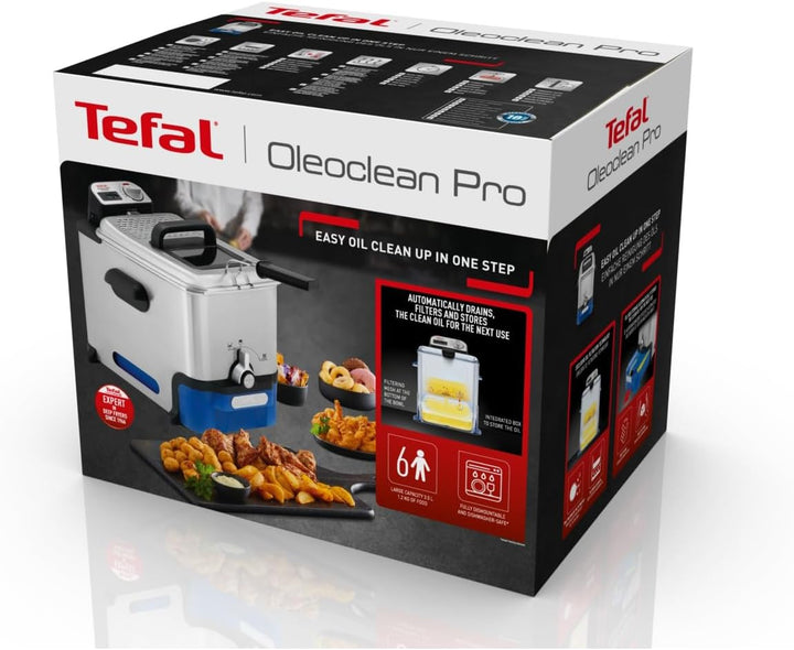 Tefal FR8040 Oleoclean Pro Inox & Design Fritteuse | 2300W | Kapazität 1,2 Kg | Herausnehmbarer Ölbehälter | Automatische Öl/Fett Filterung | Timer | Thermostat | 3.5 L | Schwarz/Edelstahl