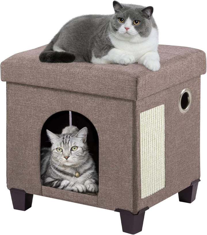 BRIAN & DANY Peșteră pliabilă pentru pisici mari, Casă pentru pisici cu zgârietură și minge de joacă, Taburet tip piept cu picioare din lemn 37 x 31,8 x 36 cm, Albastru