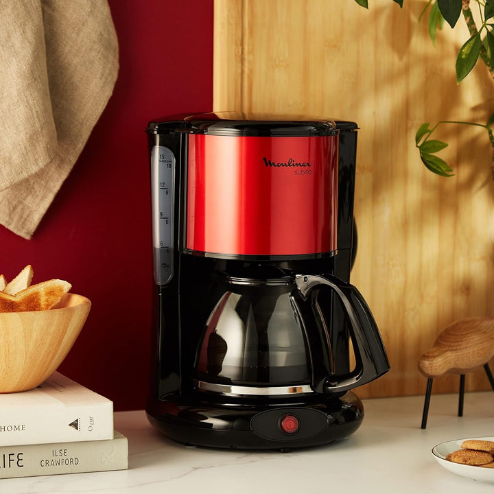 Cafetieră cu filtru Moulinex Subito, ulcior din sticlă, 10-15 cești, capacitate 1,25 litri, funcție de oprire automată, filtru detașabil, indicator nivel apă, oțel inoxidabil, roșu/negru, FG360D