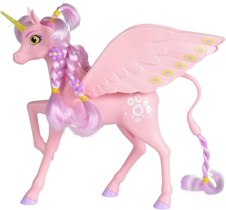 Simba 109480092 - Mia and Me Unicorn Kyara, cu aripi mobile, agrafe de păr și perie pentru coafat, 20 cm, de la 3 ani, roz