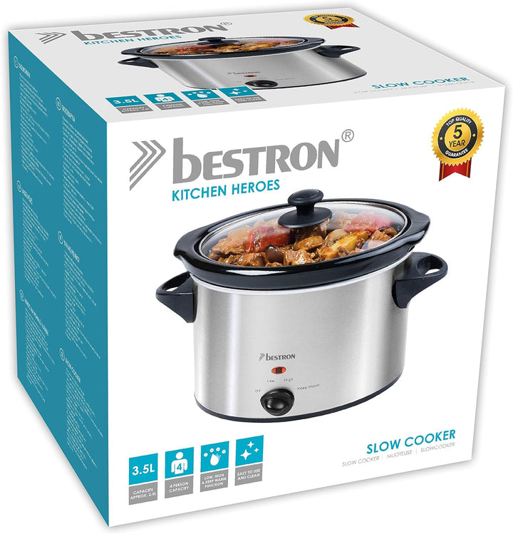 Bestron Slowcooker Für 4 Personen, Schongarer Mit Keramikpfanne & Glasdeckel, 3 Stufen-Thermostat, Ideal Für Viele Gerichte Wie Fleisch, Suppen & Gemüse, 3.5 Liter, Farbe: Silber