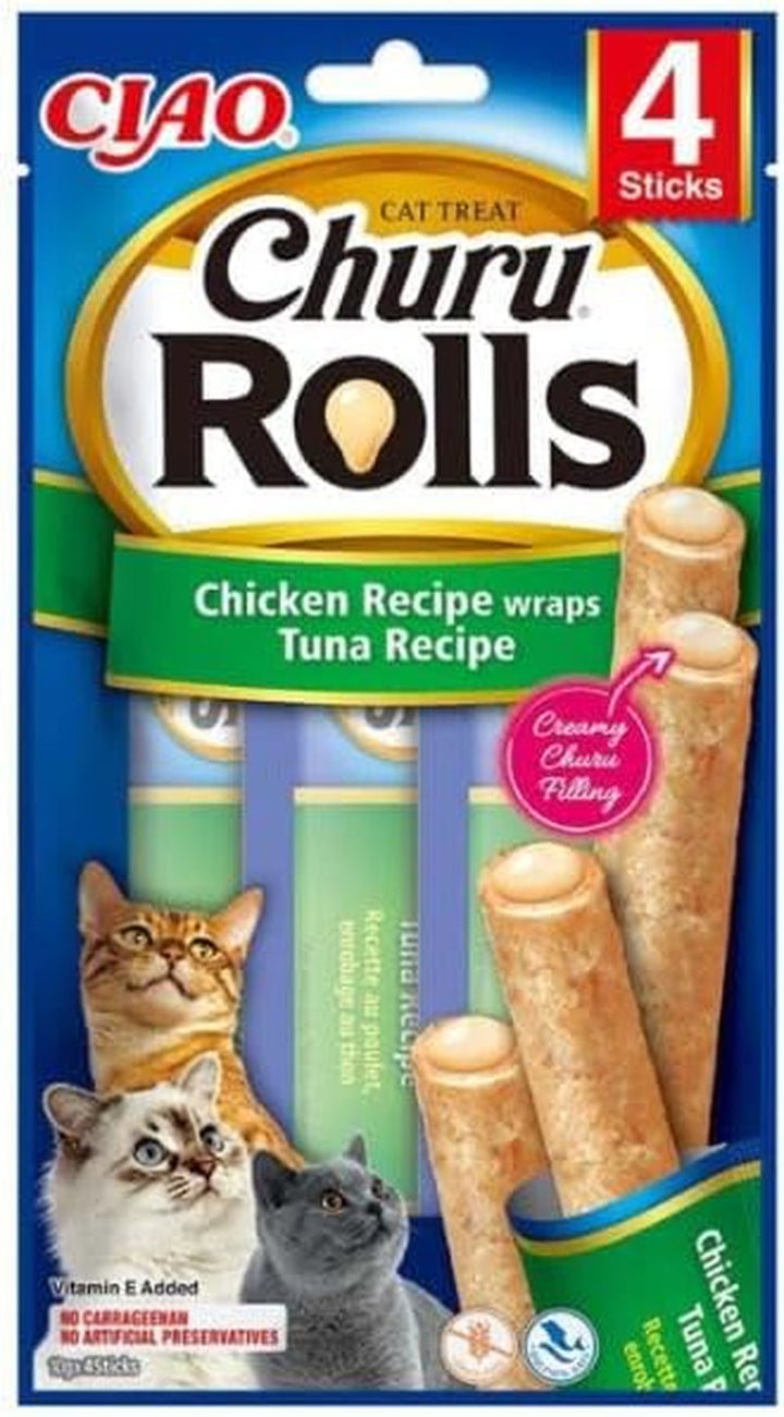 INABA Churu Rolls fără subproduse cu 59% carne de pui Tratează pisicile, fără cereale, fără zahăr, perfecte pentru ascunderea comprimatelor, brânzoaice moi și suculente pentru pisici 40G