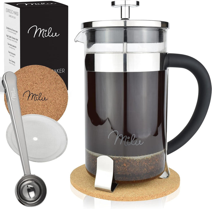 Milu French Press Coffee Maker | 350Ml, 600Ml, 1L | Presă de cafea din sticlă, filtru de cafea pentru acasă Călătorii Camping Incl. Coaster, lingură, filtru de rezervă (negru, 600Ml (3 cani)