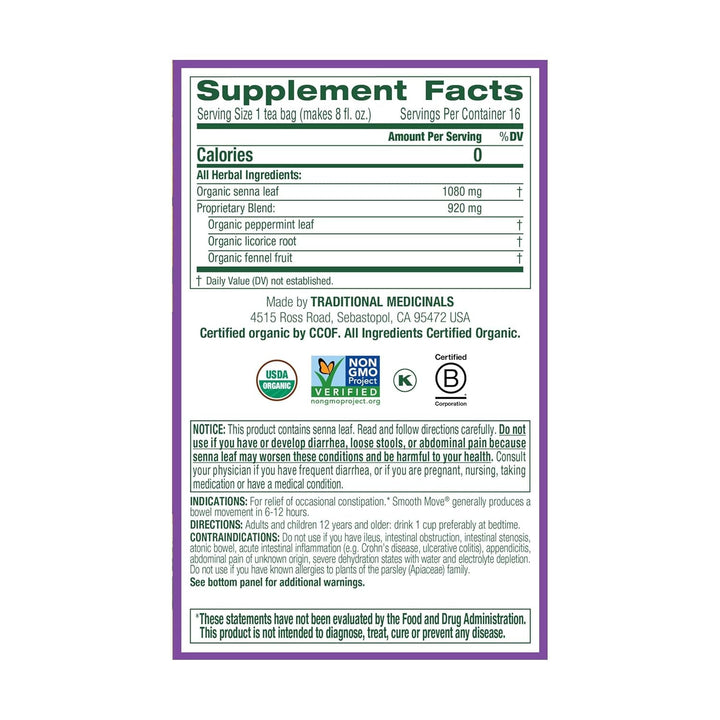 Tea, Organic Smooth Move Peppermint, Relieves Occasional Constipation, Senna, 16 Tea Bags Tea USA Naty Shop