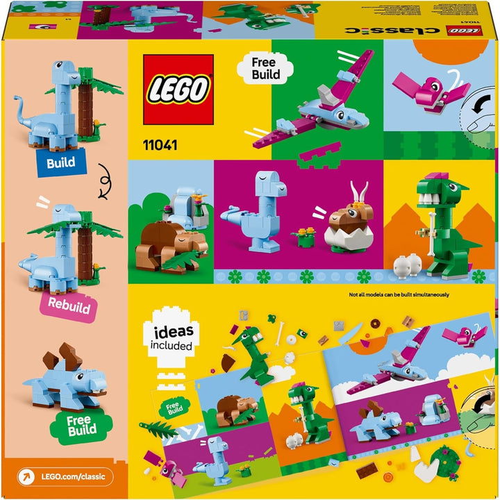 LEGO Classic Creative Dinosaurs, set de construcție cu modele și figuri de animale realizate din cărămizi, experiență de joacă imaginativă, cadou pentru băieți și fete de la 5 ani, inclusiv T.Rex și Triceratops 11041