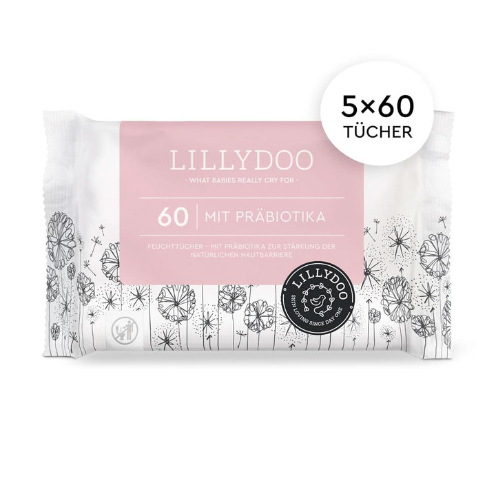 LILLYDOO Feuchttücher Mit Präbiotika, 300 Stück (5 X 60), 100% Plastikfreies Tuch, Ohne Parfüme (FSC Mix)