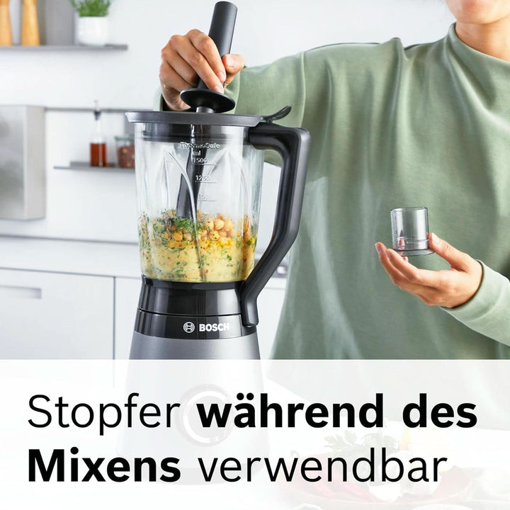 Bosch Standmixer Vitapower Serie 4 MMB6172S, Edelstahl-Klingen, 1,5L Thermosafe Glasbehälter, Stopfer, Spülmaschinengeeignete Teile, 30,000 U/Min, 1200 W, Silber