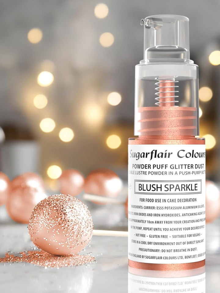 Spray pudră cu pompă Sugarflair, sclipici, Blush, sclipici - colorant alimentar pentru tort, spray fără aerosoli pentru torturi, brioșe și multe altele - 10 g