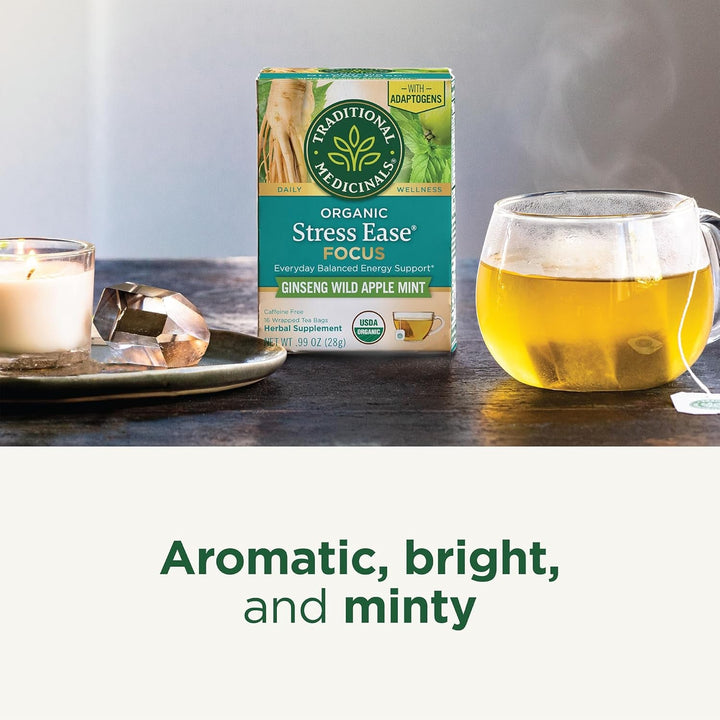 Tea, Organic Stress Ease Focus, with Adaptogens, Everyday Balanced Energy, Ginseng Wild Apple Mint, 16 Tea Bags Tea USA Naty Shop