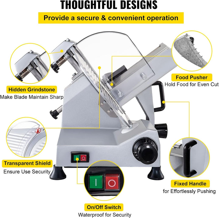 VEVOR Kommerzieller Fleisch Allesschneider 320 W, Elektrische Aufschnittmaschine Lebensmittelschneider Mit 30,48 Cm-Kohlenstoffstahlklinge, 0–15 Mm Einstellbare Dicke Für Fleisch, Käse Usw.