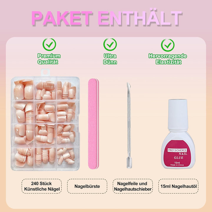 Set unghii false - 240 bucăți unghii scurte și pătrate, model gel moale, gradient alb nud, unghii false artificiale naturale pentru lipire, pentru femei DIY (gradient nud, 240X)