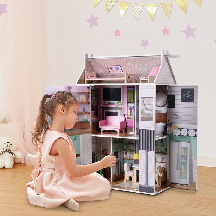 Olivia'S Little World Dreamland Farmhouse Kids Interactive Wooden Dollhouse 3 etaje cu 13 accesorii de mobilier pentru păpuși alb TD-13632A
