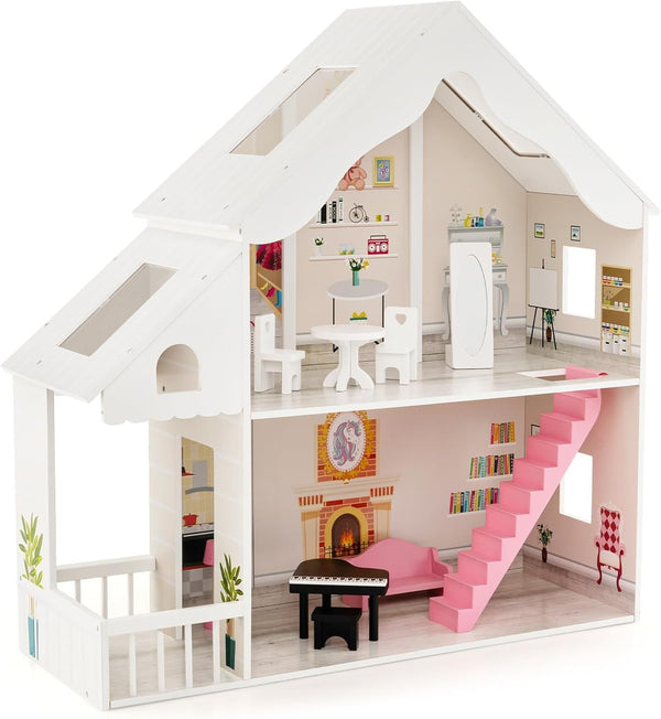 FANTASK Casă de păpuși din lemn, casă de păpuși cu 2 etaje cu accesorii și mobilier, jucărie pentru păpuși de 28-36 cm, pentru copii cu vârsta de peste 3 ani