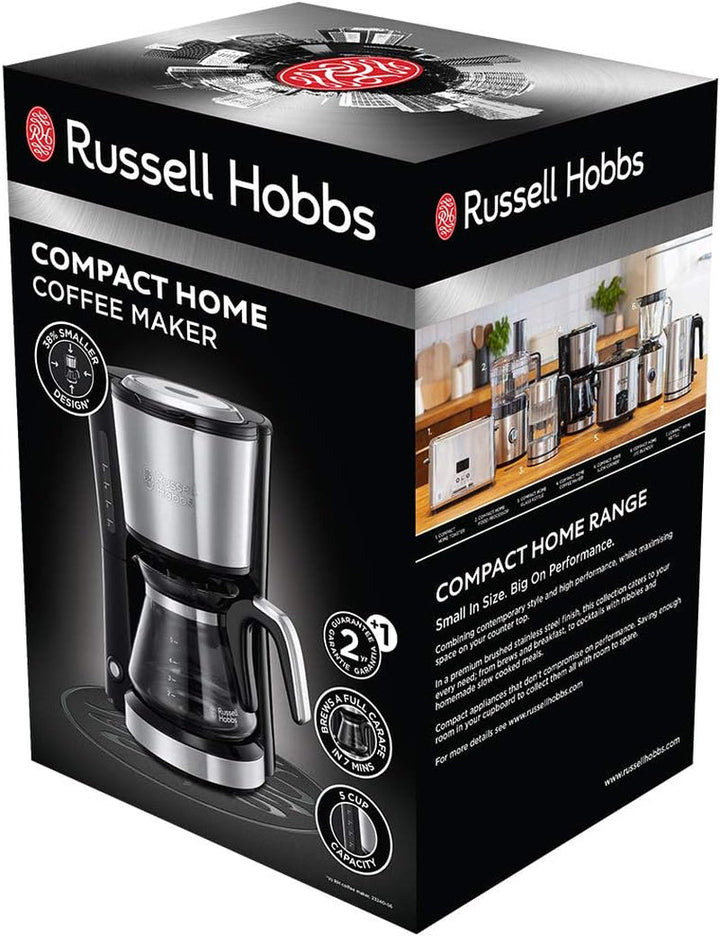 Russell Hobbs Cafetiera Mini [Cap efervescent pentru extracție optimă și aromă] Compact (Max 5 cești, 0.6L ulcior din sticlă, incl filtru permanent, placă de încălzire) Cafetieră cu filtru compact 24210-56