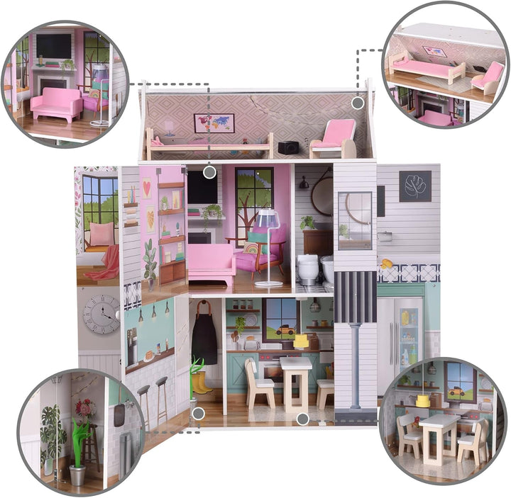 Olivia'S Little World Dreamland Farmhouse Kids Interactive Wooden Dollhouse 3 etaje cu 13 accesorii de mobilier pentru păpuși alb TD-13632A