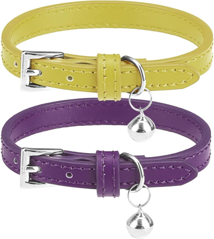PUPTECK Zgardă pentru pisici din piele moale cu clopoțel pentru pisoi, 2 buc., portocaliu, violet, negru, kaki, albastru, roz-roșu, 22,1-26 cm (alb și verde închis, 22,1-26 cm)