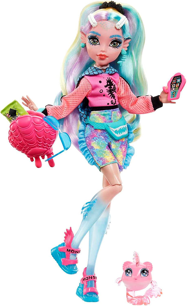 Păpușă MONSTER HIGH Lagoona Blue - hanorac roz, pantaloni scurți de bicicletă batik, sandale cu platformă, aripioare, accesorii, pentru copii cu vârsta peste 4 ani, HHK55