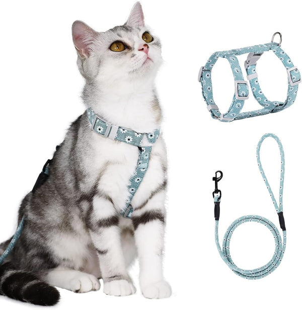 PETTOM Ham pentru pisici cu model floral și lesă Lesă pentru pisici cu ham pentru pisici cu șnur rotund, curea de piept reglabilă anti-evadare, potrivită pentru pisici mici și mijlocii