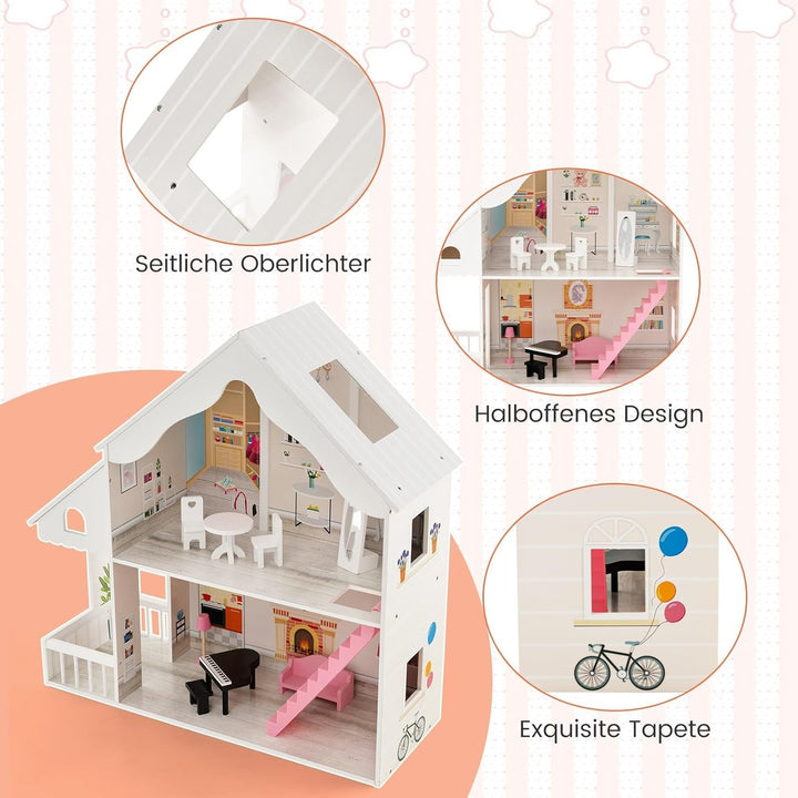 FANTASK Casă de păpuși din lemn, casă de păpuși cu 2 etaje cu accesorii și mobilier, jucărie pentru păpuși de 28-36 cm, pentru copii cu vârsta de peste 3 ani