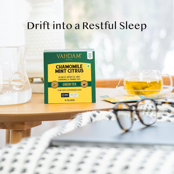 , Chamomile Mint Citrus Green Tea Bags (15 Pyramid Tea Bags) LOW CAFFEINE GREEN TEA, Non GMO | Directly Sourced | Chamomile Tea | Mint Tea Bags Tea USA Naty Shop