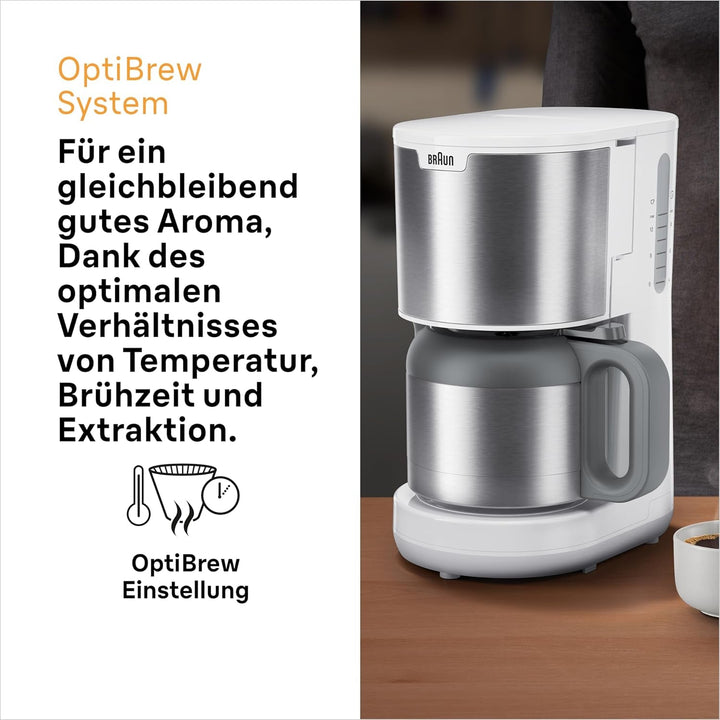 Cafetiera Braun Purshine KF 1500 WH - Cafetieră cu filtru și ulcior din sticlă pentru până la 10 cești, sistem Optibrew, oprire automată, 1000 Watt, alb, KF1500WH