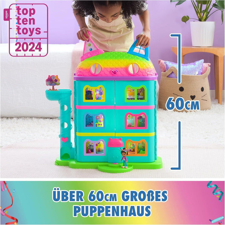 Casa de păpuși Gabby™S, set de 15 piese pentru casa de păpuși Purrfect Party cu aspect curcubeu, de peste 60 cm, cu figura Gabby, mobilier și efecte sonore, de la 3 ani