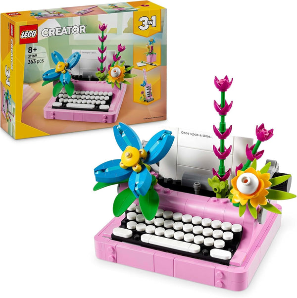 LEGO Creator 3In1 Mașină de scris cu flori - jucărie convertibilă într-un model Keytar sau într-un ghiveci de flori cu blocnotes și stilou - set de construcție - cadou pentru fete și băieți de la 8 ani 31169