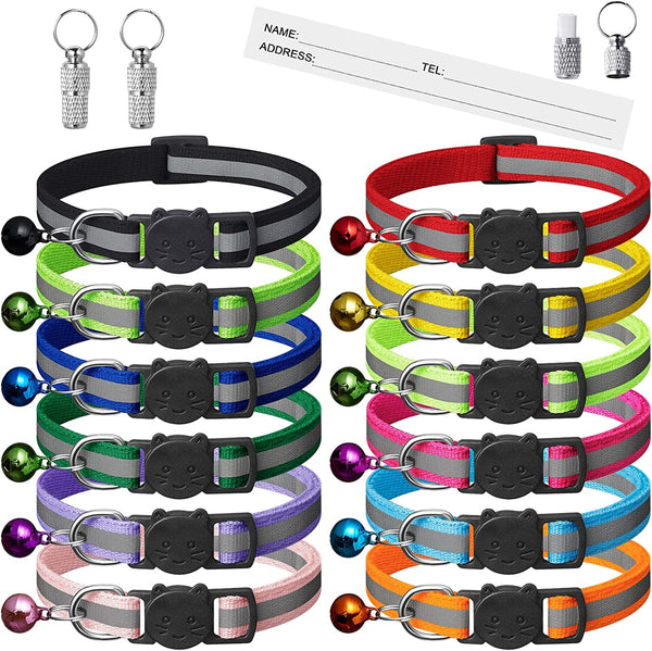 Zgardă reflectorizantă pentru pisici, 12 bucăți, cu nume și adresă și închidere de siguranță, zgardă reglabilă pentru pisoi, accesorii personalizate pentru animale de companie (12 culori și 2 etichete de identificare)