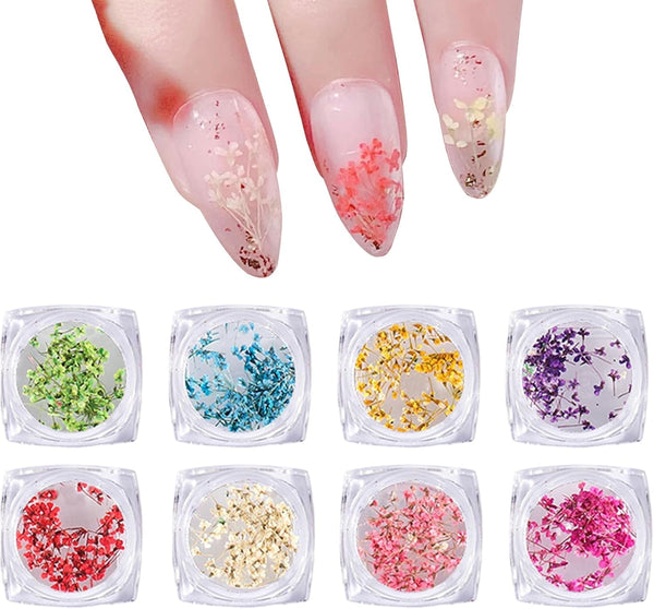 Flori uscate pentru unghii, 8 borcane, flori uscate 3D pentru unghii, autocolante colorate naturale pentru unghii, flori uscate, accesorii pentru unghii pentru decorarea unghiilor, meșteșuguri DIY