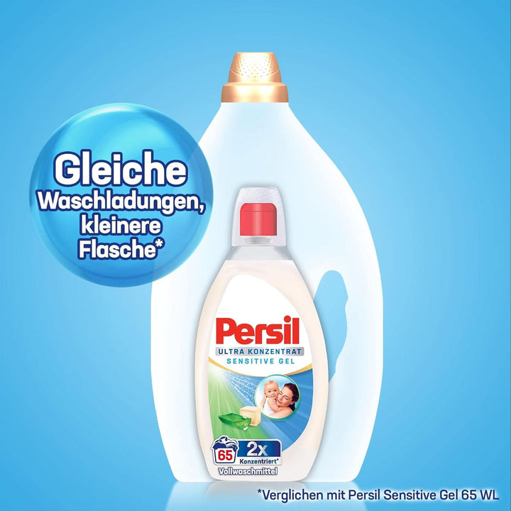 Persil Ultra Concentrate Sensitive Gel (130 de spălări), Detergent lichid pentru alergici și bebeluși într-o sticlă mai mică pentru mai puțin plastic, Îndepărtează petele dificile, Testat dermatologic