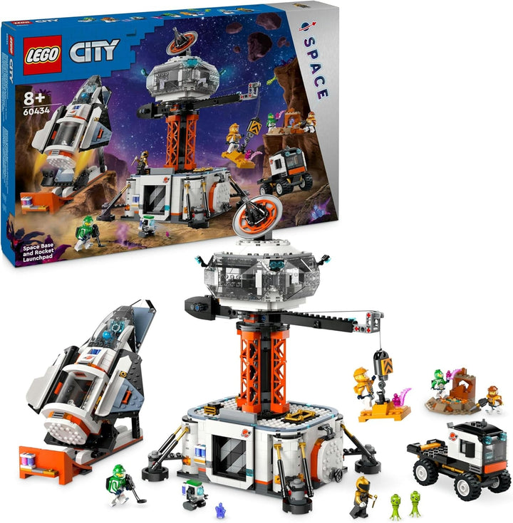 LEGO City Space Base cu rampa de lansare, stație spațială de jucărie cu vehicul spațial și navă spațială pentru copii, set cu 6 minifigurine, roboți și extratereștri, cadou pentru băieți și fete 60434