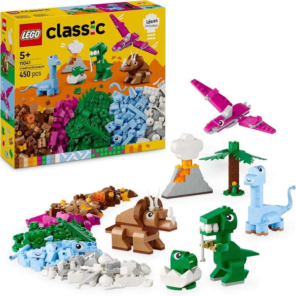 LEGO Classic Creative Dinosaurs, set de construcție cu modele și figuri de animale realizate din cărămizi, experiență de joacă imaginativă, cadou pentru băieți și fete de la 5 ani, inclusiv T.Rex și Triceratops 11041